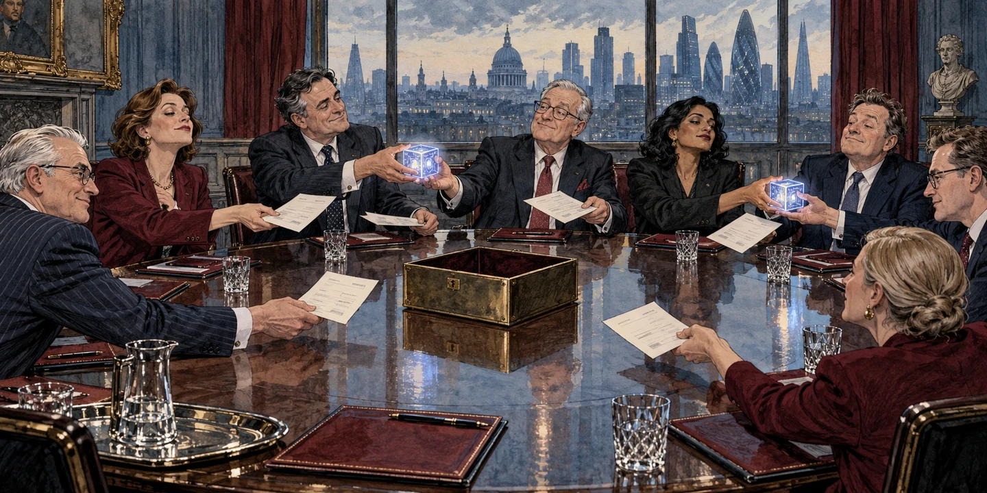 Fictional executives around a polished boardroom table with London visible through the windows