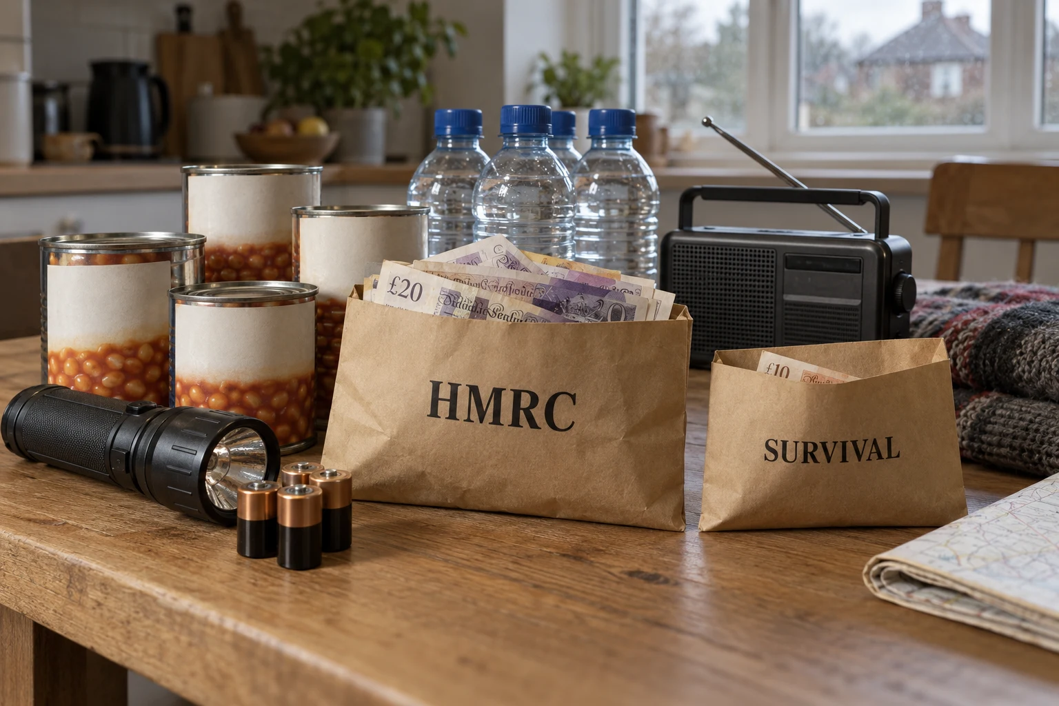 AI-generated illustration of an emergency kit with HMRC and survival cash envelopes