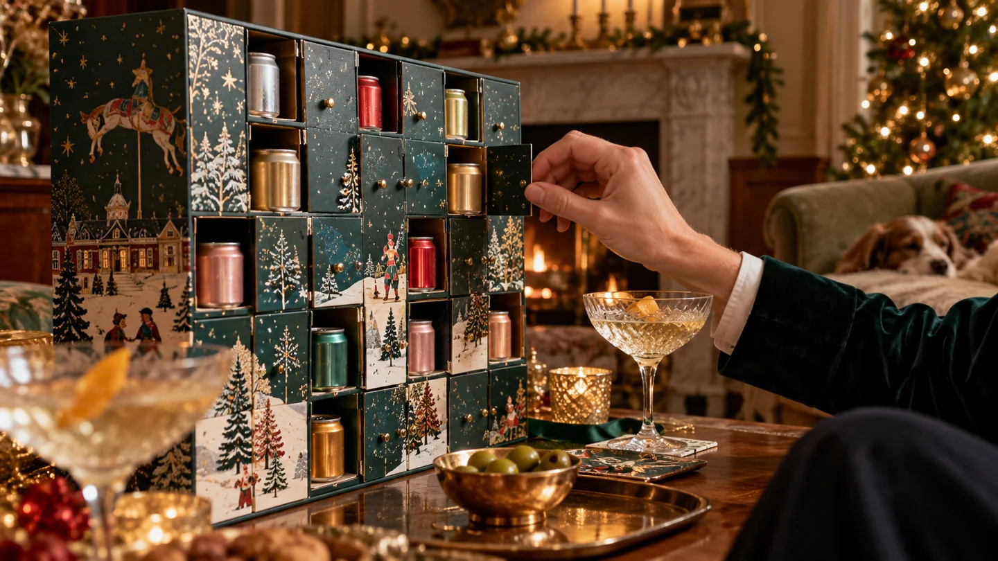 AI-generated fictional illustration: Elegant close-up of an unbranded festive advent calendar with small doors holding tiny cocktail cans, an adult hand reluctantly opening one, British living room, no readable text.