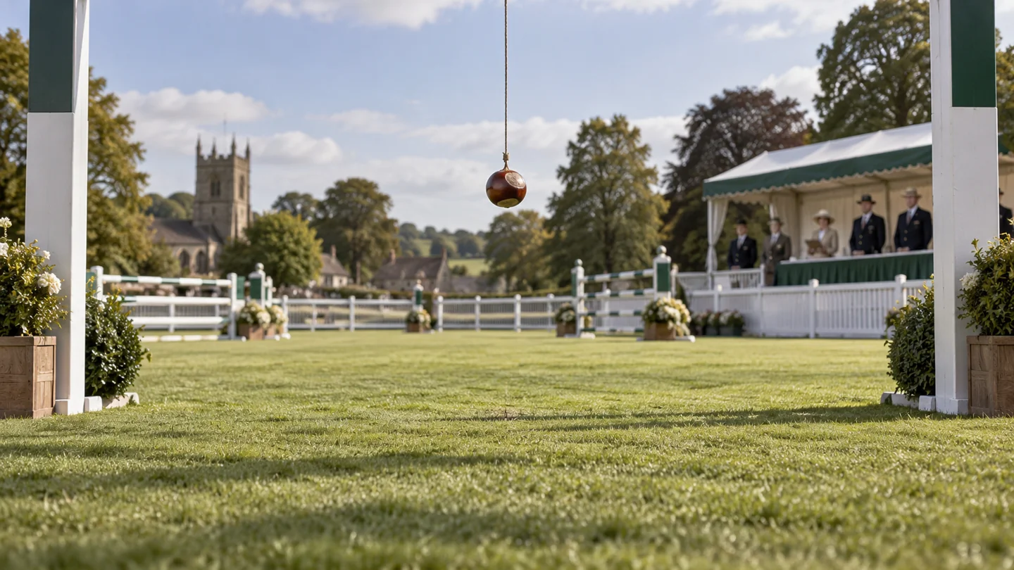 AI-generated fictional illustration: A single tiny horse chestnut dangling on a string in an oversized empty championship arena on a village green, solemn adult officials in the distance, understated visual humour.