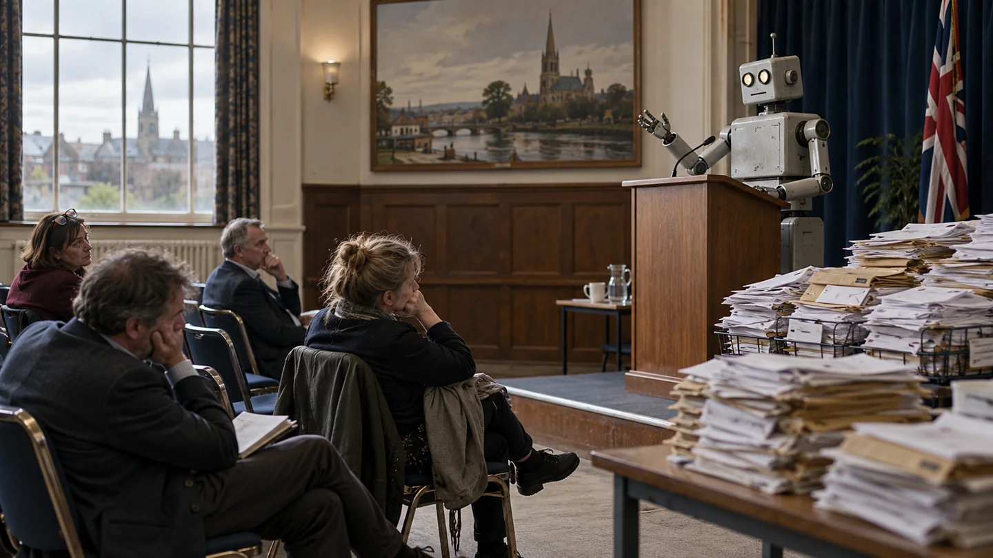 AI-generated fictional illustration: A fictional municipal seminar in a modest British council room, generic boxy robot at lectern facing a few tired adult business owners, stacks of unanswered envelopes, no text.