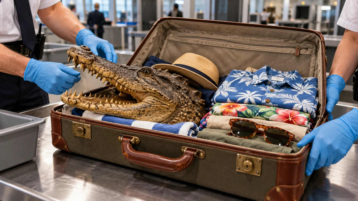 AI-generated fictional illustration: Airport baggage inspection table with an open suitcase containing an obviously inert antique crocodile taxidermy head, neatly folded holiday shirts and sunglasses, no blood, no gore, generic uniformed gloved hands, absurd holiday souvenir.