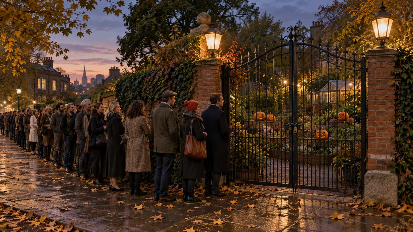 AI-generated fictional illustration: A locked gate to a charming London community garden at dusk, unlit carved pumpkin lanterns inside, a very long orderly queue of adults outside, closed gate central, no signs or text.