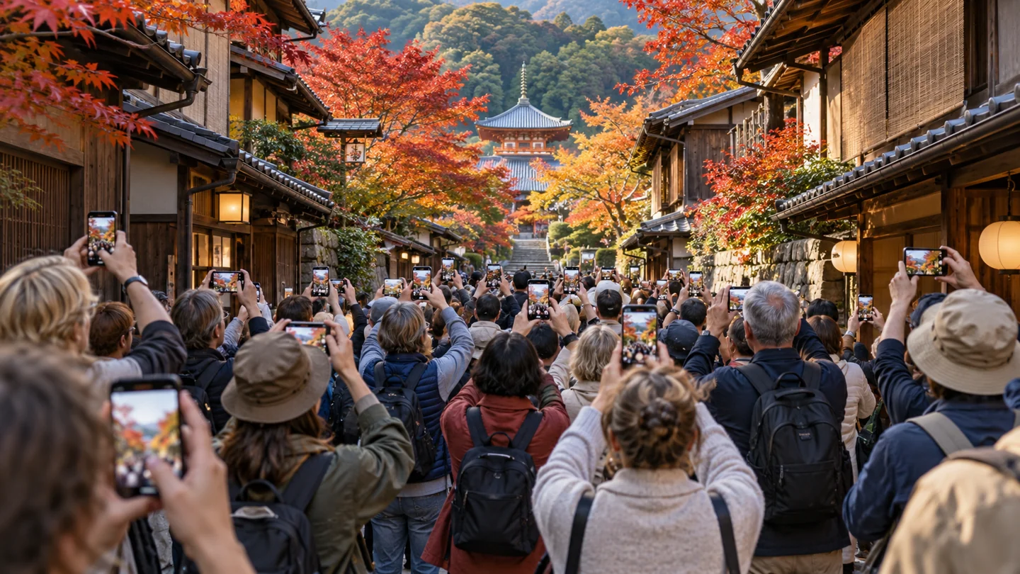 AI-generated fictional illustration: A serene Kyoto inspired traditional street in early autumn almost entirely filled with adult tourists taking the same phone photo, a tiny peaceful temple visible at the far end, no brand names.
