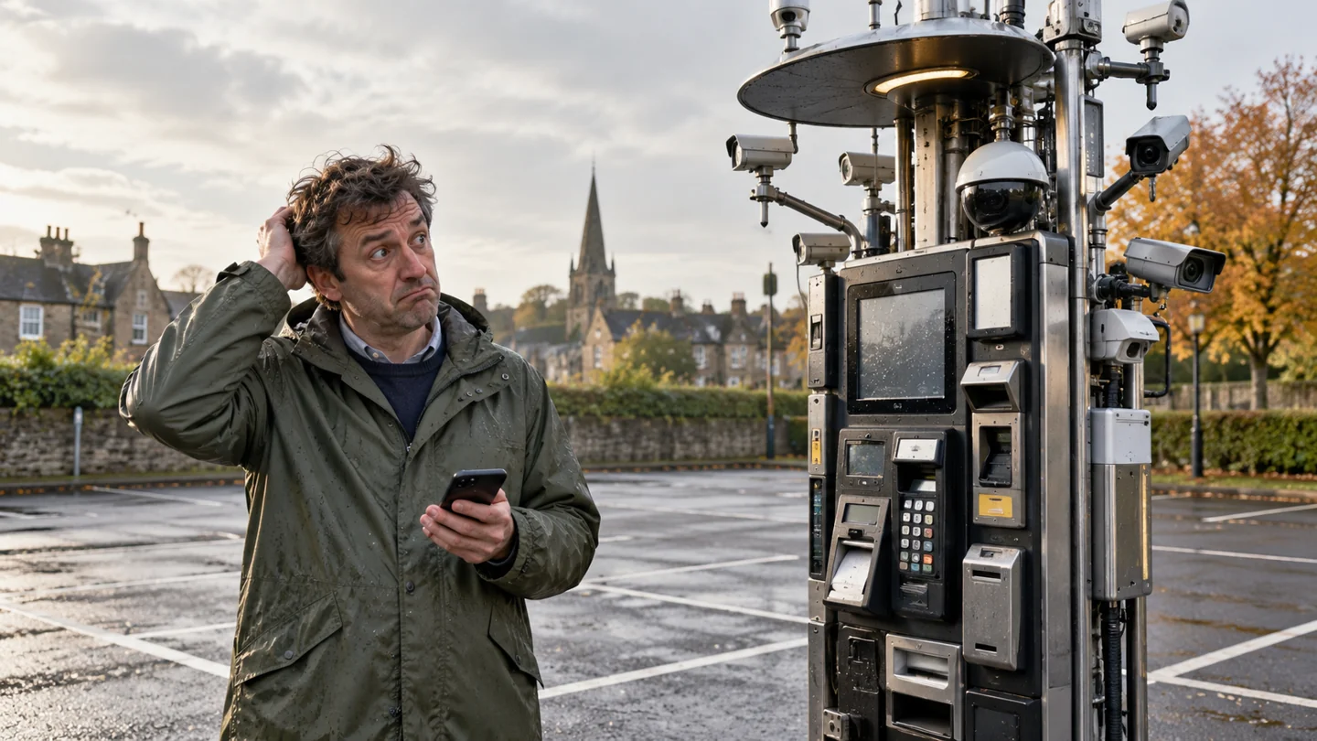 AI-generated fictional illustration: A bemused British adult driver in a raincoat stands in a council car park holding an unbranded phone beside an absurdly elaborate parking payment terminal; empty parking space behind, dry British visual humour.