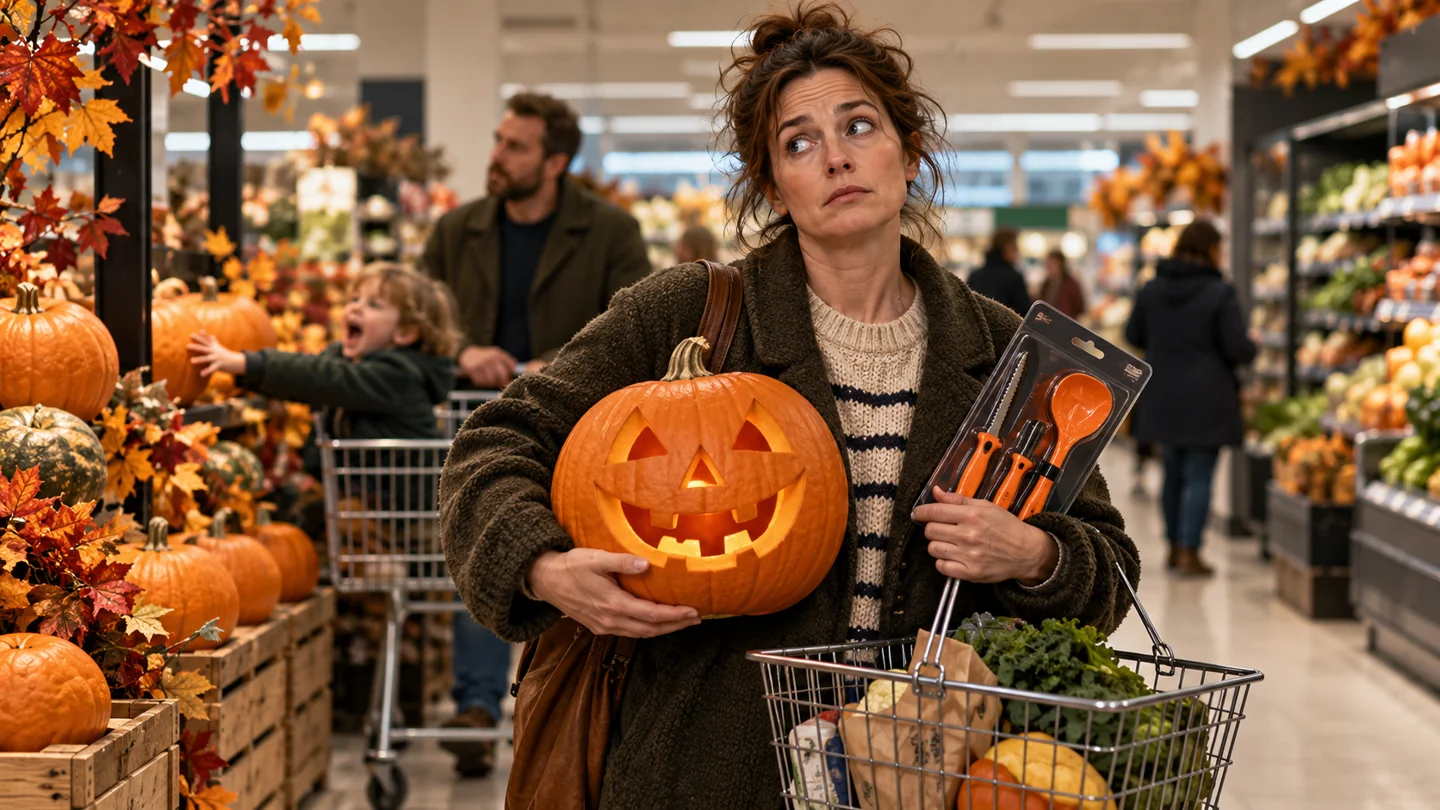 AI-generated fictional illustration: A weary adult parent in an anonymous supermarket holding a perfectly carved jack o lantern, a shopping basket and a pumpkin carving kit still in packaging, no logos, friendly dry humour.