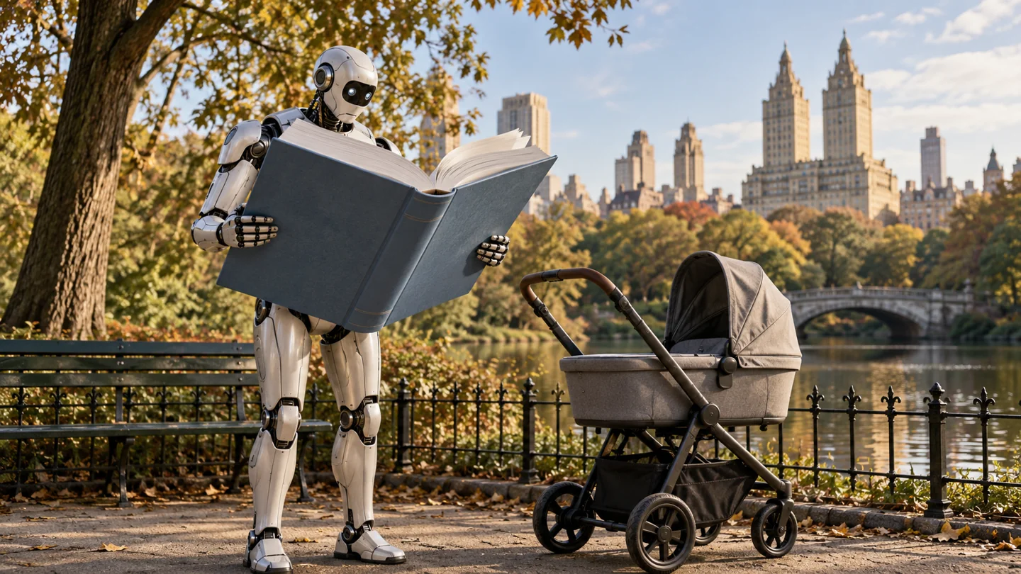 AI-generated fictional illustration: An unbranded original humanoid robot in a New York style public park carefully holding an enormous childcare instruction manual beside an empty pushchair, no children visible, gentle satirical editorial photo illustration.