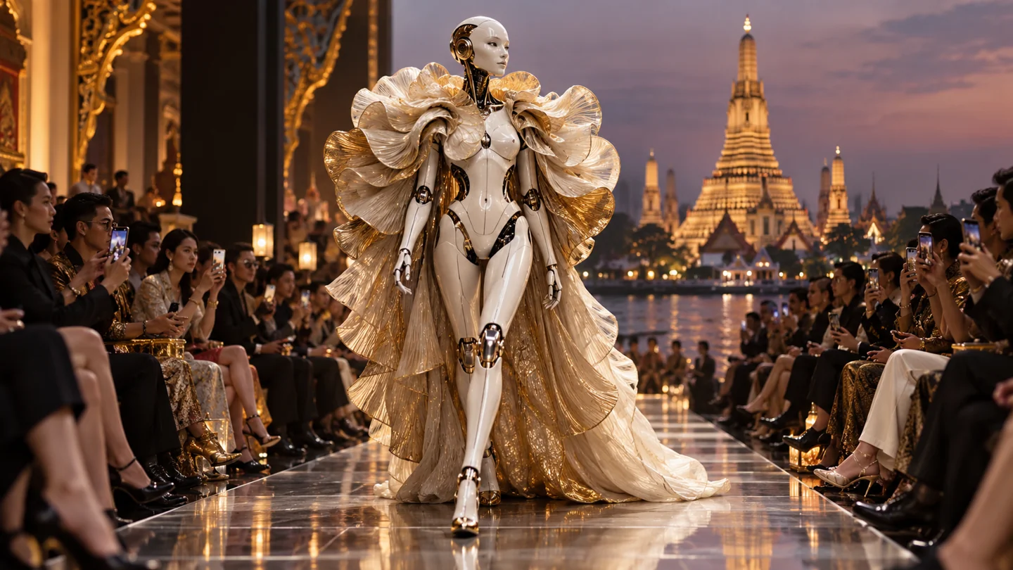 AI-generated fictional illustration: An original unbranded humanoid robot in an extravagant sculptural fashion cape walking on a Bangkok style fashion runway, seated adult audience holding phones, ironic high fashion mood, no text.