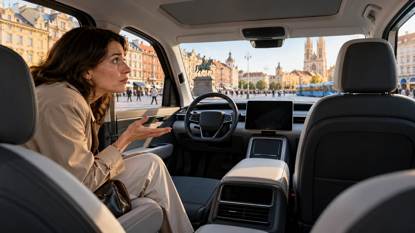 AI-generated fictional illustration: Interior of a modern unbranded driverless taxi in Zagreb, empty driver seat and steering wheel, adult passenger in rear leaning forward with an unanswered complaint and bemused expression, city visible through windows.