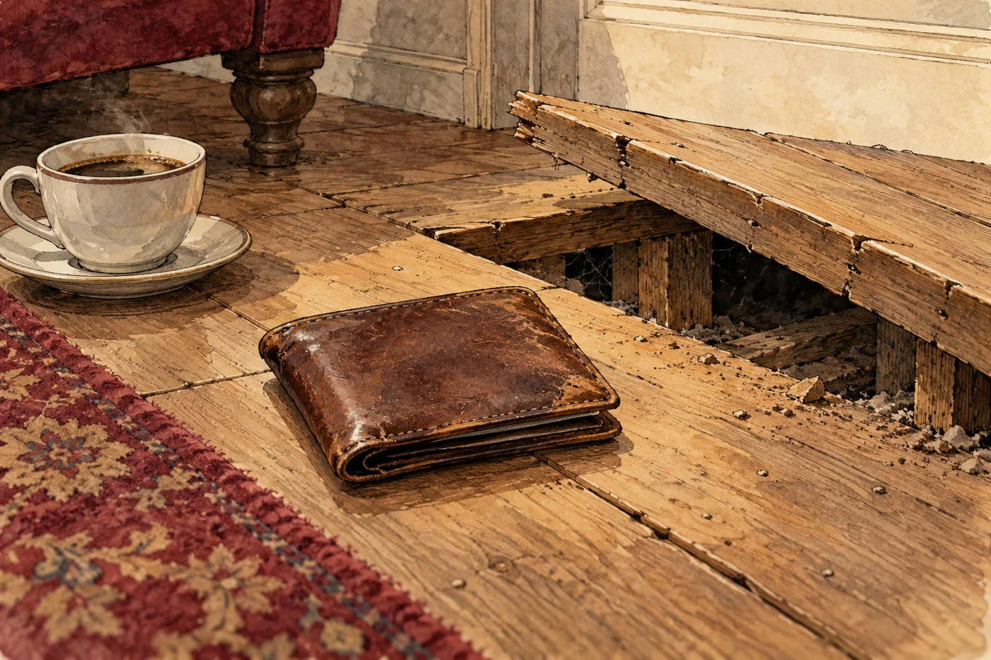 AI-generated fictional editorial illustration: an old worn plain leather wallet beside lifted wooden floorboards and a coffee cup, no personal documents or readable currency.