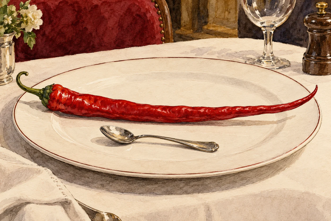 AI-generated fictional editorial illustration: a comically long red chilli on a plain restaurant plate beside a small spoon, no text.
