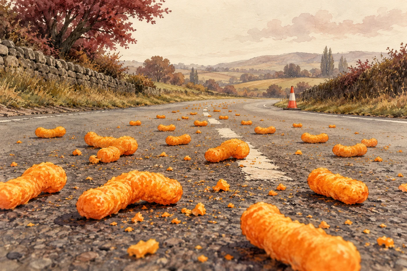 AI-generated fictional editorial illustration: orange cheese snacks scattered across a completely empty fictional road with a distant generic road cone.