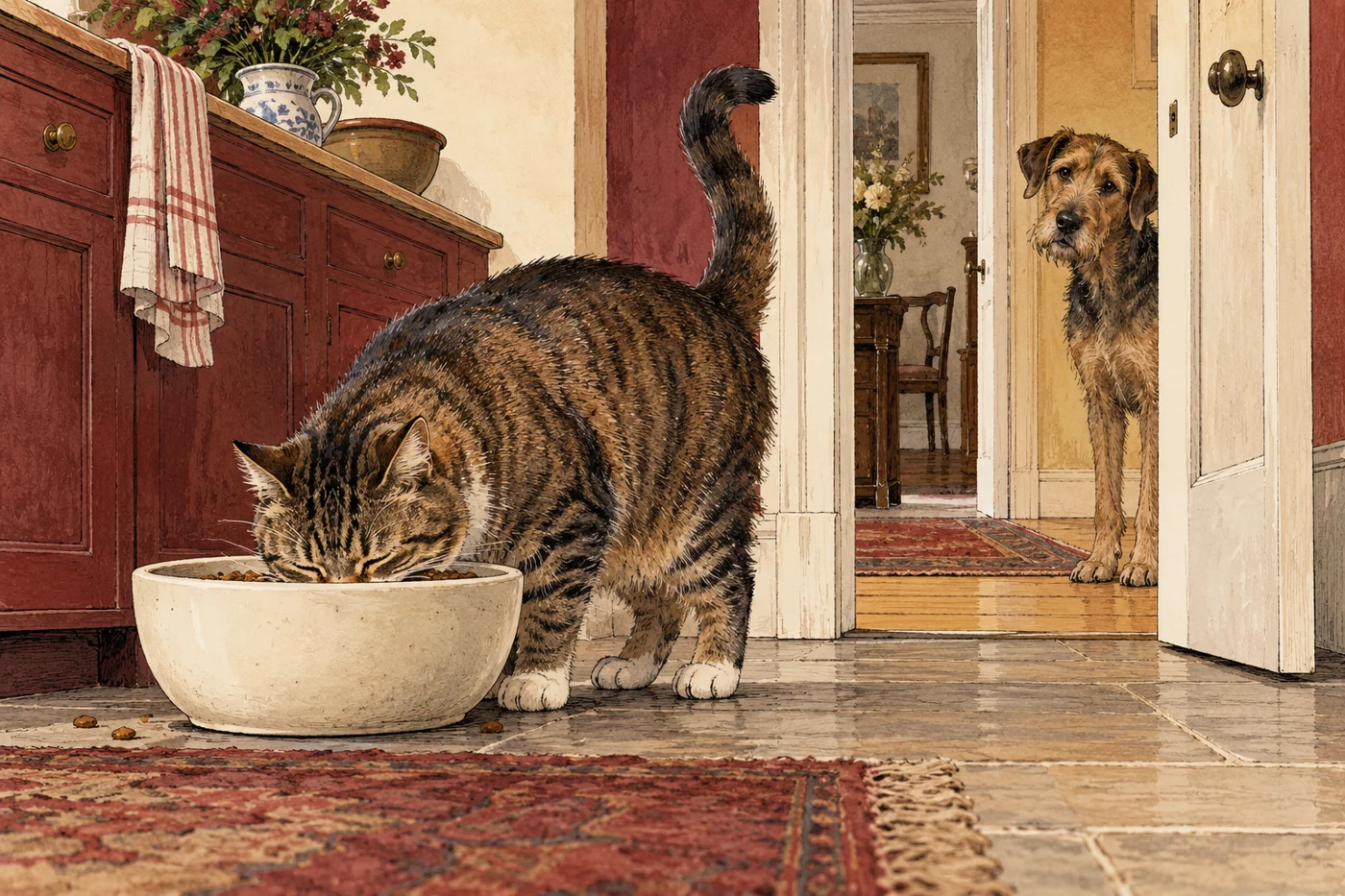 AI-generated fictional editorial illustration: a confident tabby cat eating from a plain large bowl while a puzzled dog watches from a doorway.