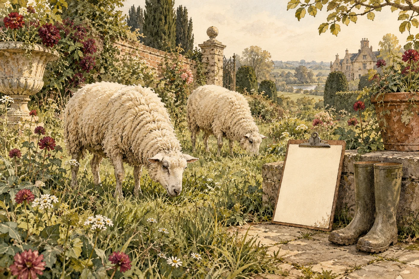 AI-generated fictional editorial illustration: two sheep grazing in an overgrown fictional garden beside a blank clipboard and plain gardening boots.