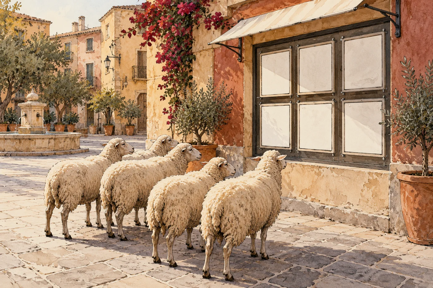 AI-generated fictional editorial illustration: a small flock of sheep standing in a fictional Spanish city square beside blank apartment listings, no identifiable buildings.