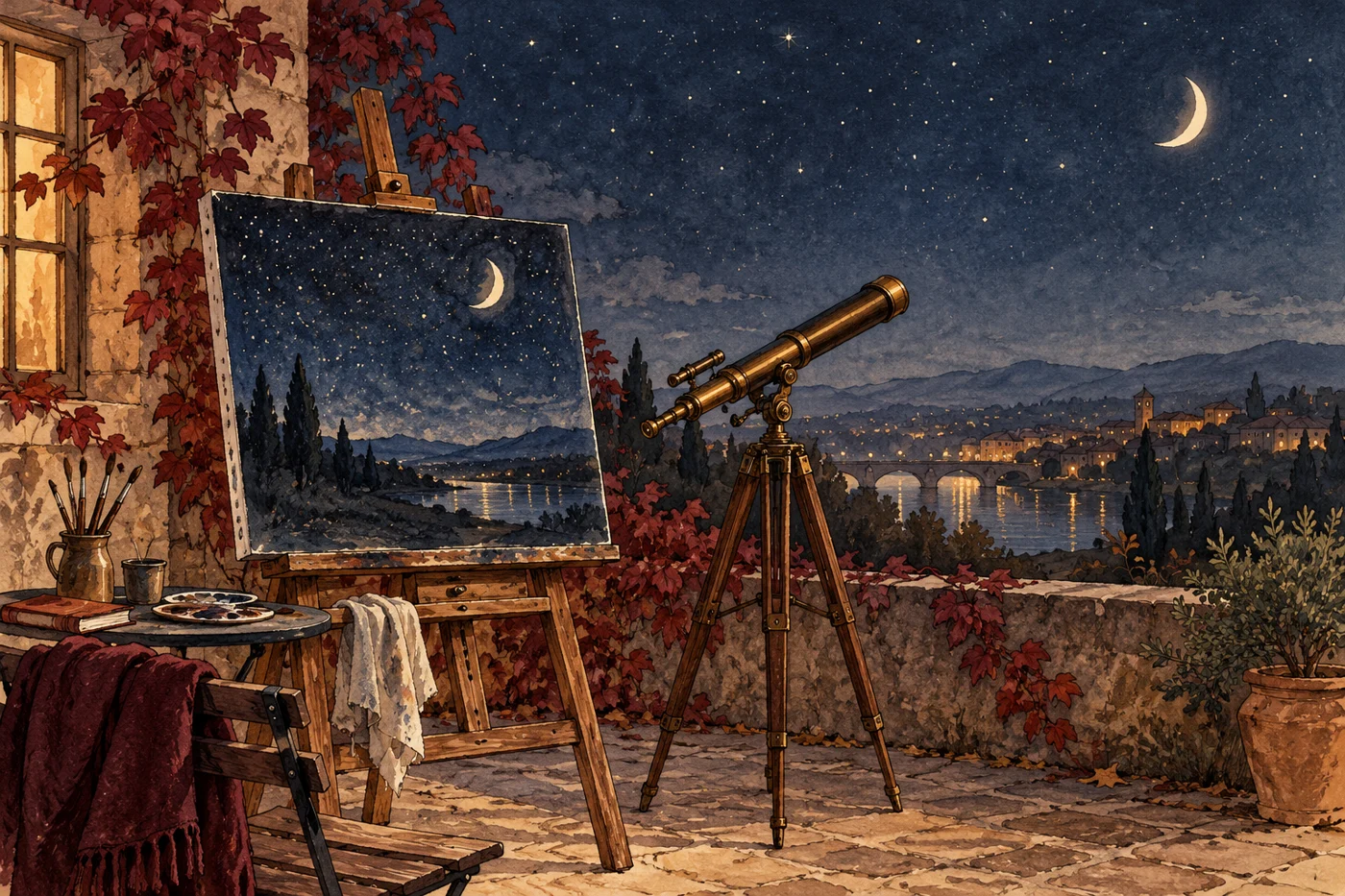 AI-generated fictional editorial illustration: an original simple night-sky painting on an easel beside a telescope, no reproduction of any famous painting.