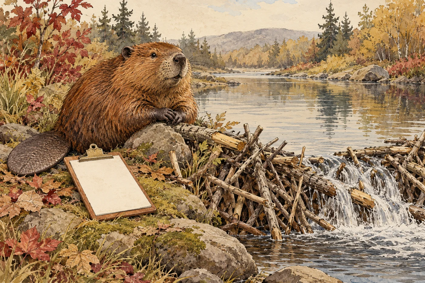 AI-generated fictional editorial illustration: a beaver resting beside its small wooden dam with an unused blank clipboard on the bank, calm river.