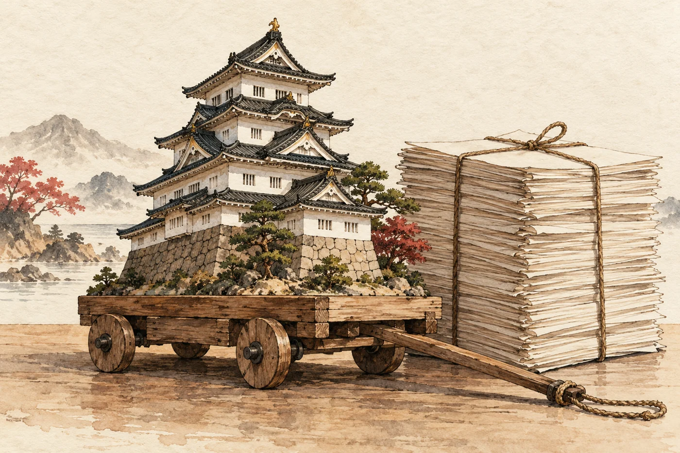 AI-generated fictional editorial illustration: a fictional miniature Japanese castle on wooden rollers beside a stack of tied blank paperwork, no people.