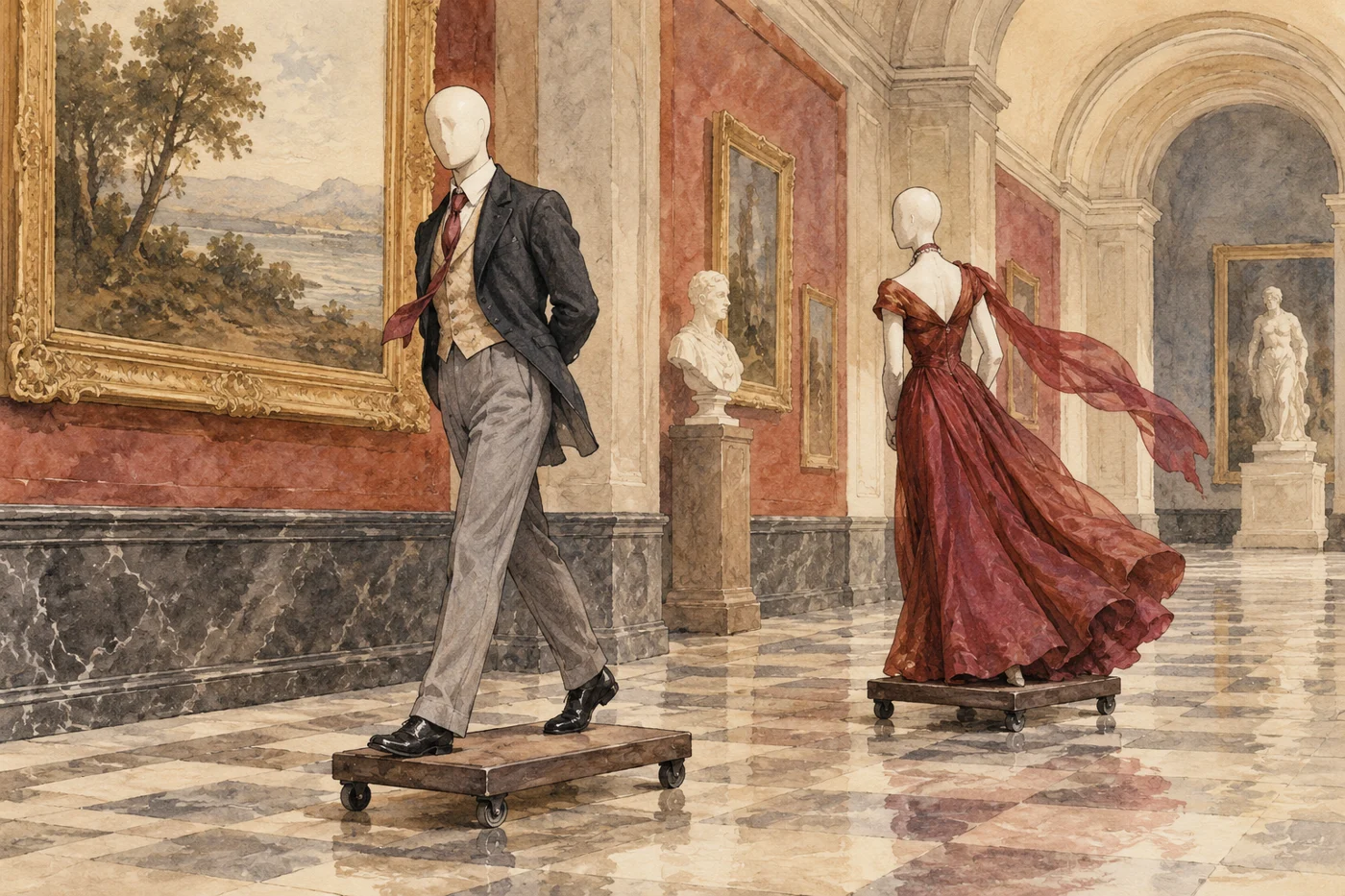 AI-generated fictional editorial illustration: two clearly artificial anonymous featureless mannequin silhouettes on wheeled plinths in a museum corridor, no real likenesses.