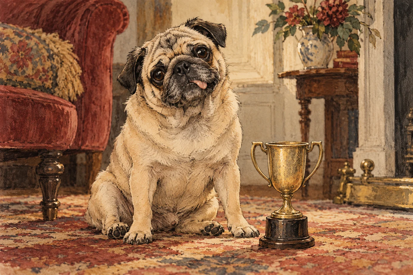 AI-generated fictional editorial illustration: an affectionate scruffy fictional pug sitting beside a plain small trophy in warm home light.