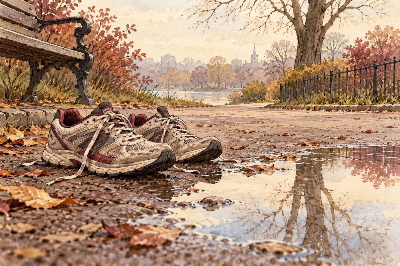 AI-generated fictional editorial illustration: a pair of unbranded adult running shoes beside a puddle on an empty park path, no dangerous activity.