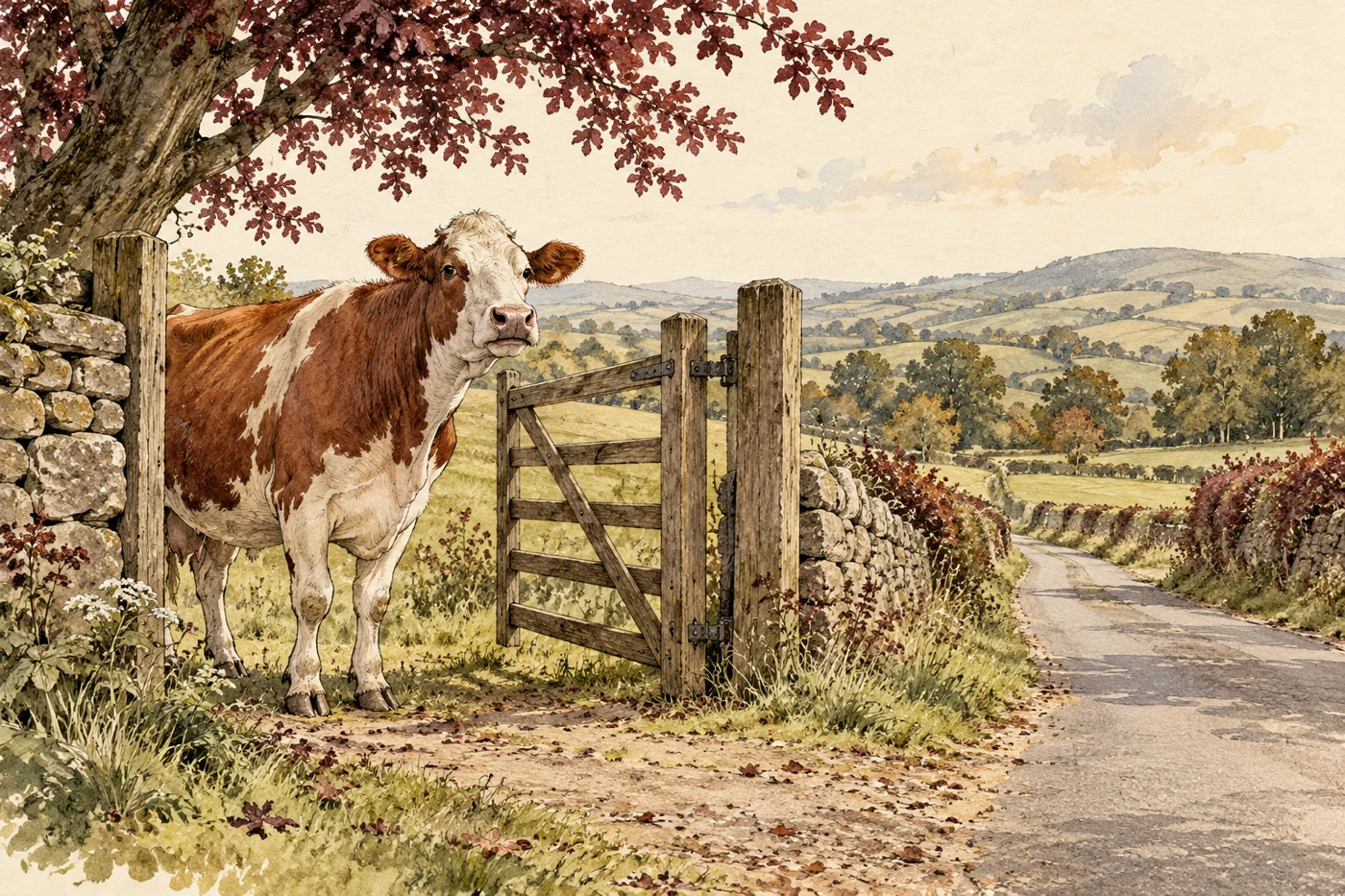 AI-generated fictional editorial illustration: a calm cow standing beside an open wooden field gate with an empty rural road beyond.