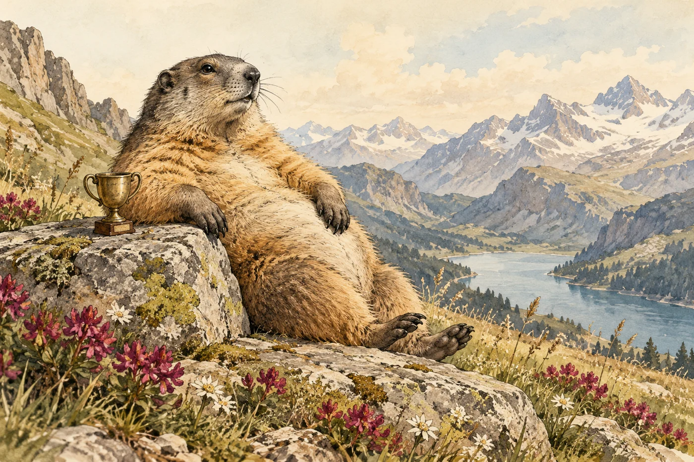 AI-generated fictional editorial illustration: a plump healthy marmot relaxing on a rock beside a tiny plain trophy, alpine meadow.