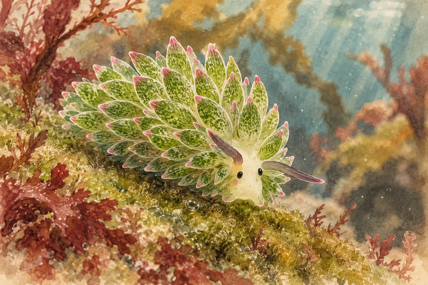 AI-generated fictional editorial illustration: a macro view of a tiny green leaf-sheep sea slug on algae, soft underwater light.