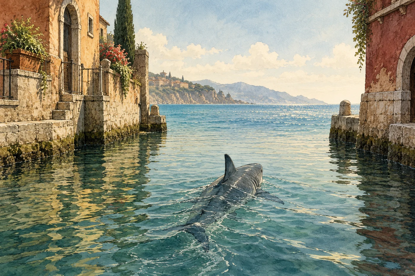 AI-generated fictional editorial illustration: a solitary shark swimming peacefully toward open blue water from a fictional canal, no humans.