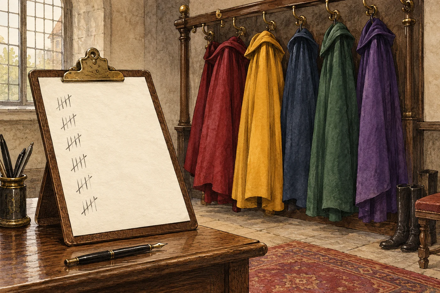 AI-generated fictional editorial illustration: a clipboard with blank tally marks beside plain colourful capes on a coat rack, no copyrighted costumes or symbols.