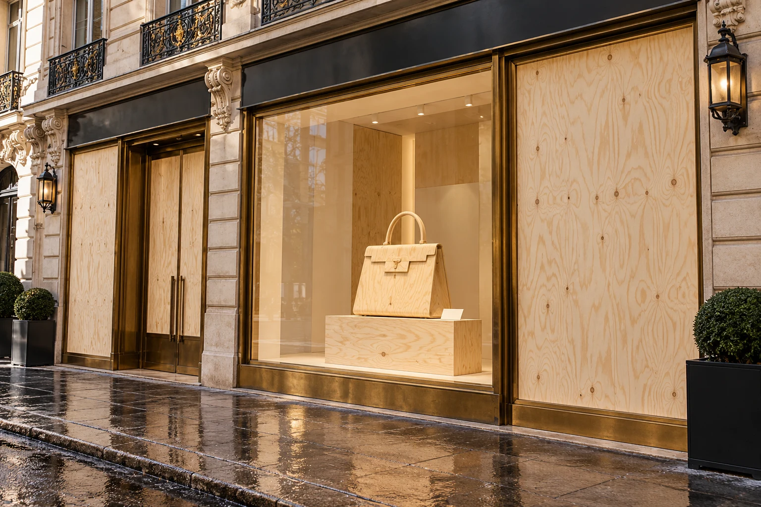 AI-generated illustration of a fictional Paris boutique with plywood boarding and a wooden handbag sculpture in its display window.