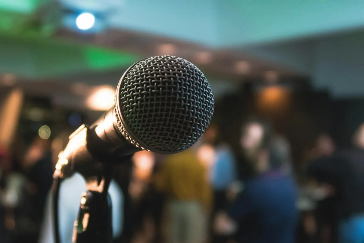 Realistic photograph of an anonymous adult speaker seated on a literature festival stage with interviewer