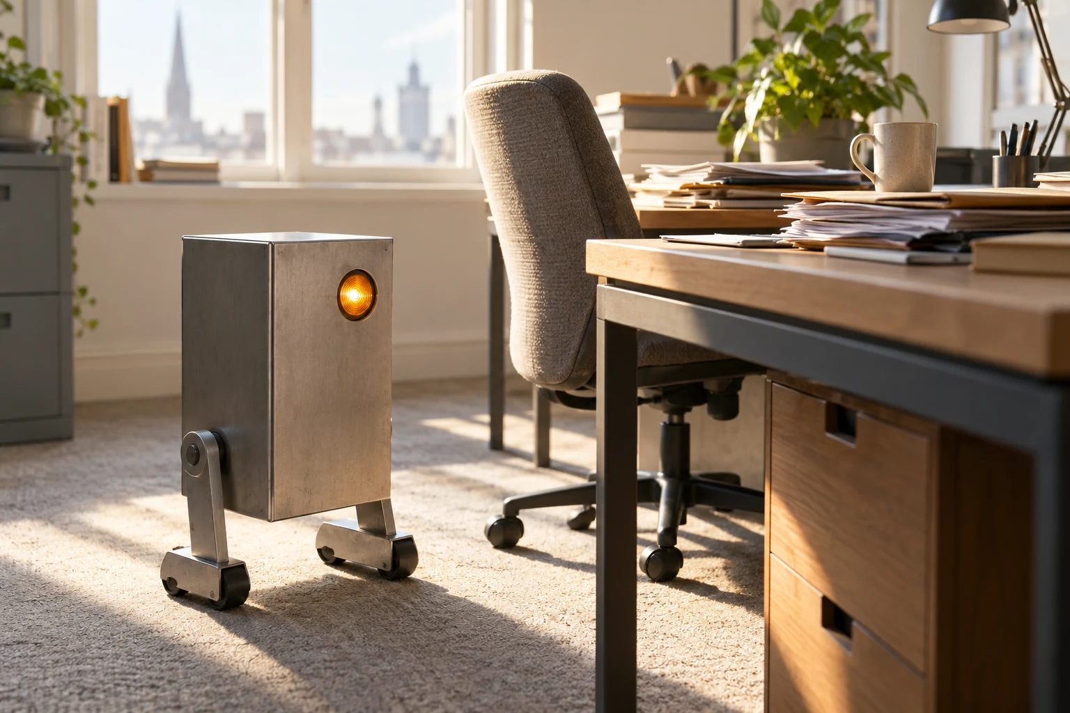Fictional generic box-shaped robot beside an office desk; illustrative scene, not a Starship delivery robot
