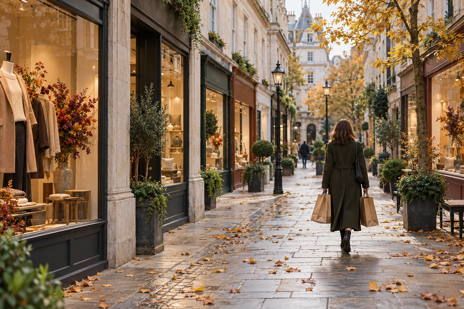 Fictional pedestrian shopping street with anonymous shopfronts and plain shopping bags